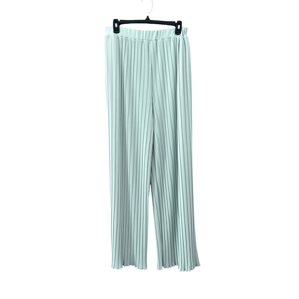 Donna Karan Pleated Wide Leg Pull On Pants M Mint Green Pockets Quiet Luxury